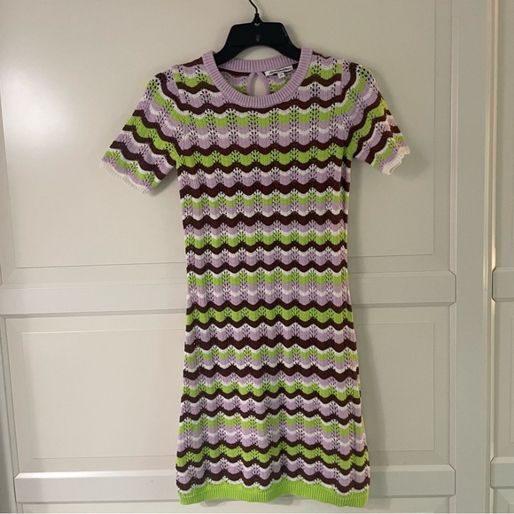 Olivia Rubin Hailey Green Brown Cotton Pointelle Mini Dress 27025 - Picture 3 of 9